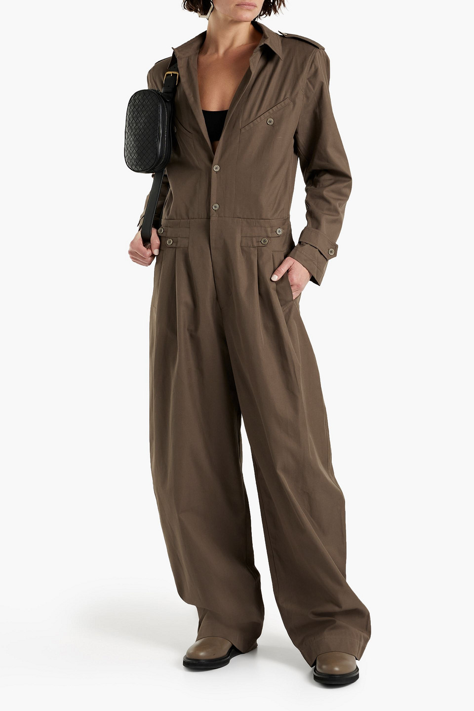 Shop Tre By Natalie Ratabesi The Meteorite Pleated Cotton-twill Jumpsuit In Brown