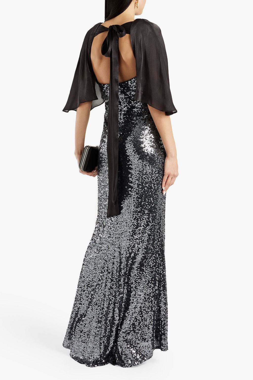 BADGLEY MISCHKA Cape-effect sequined tulle gown