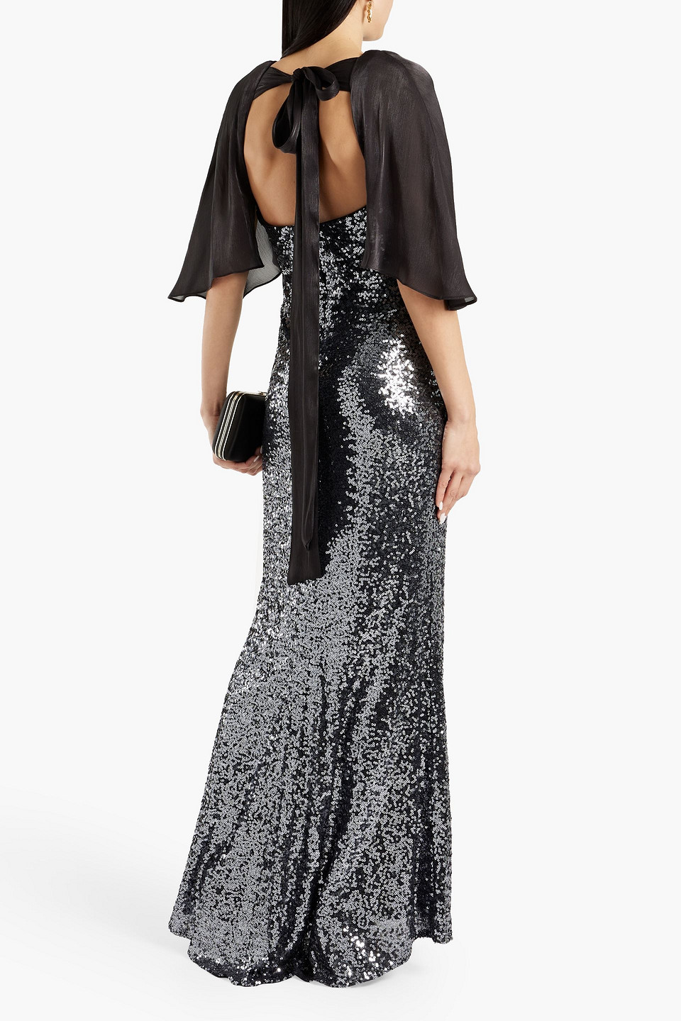 Badgley Mischka Cape-effect Sequined Tulle Gown In Gunmetal