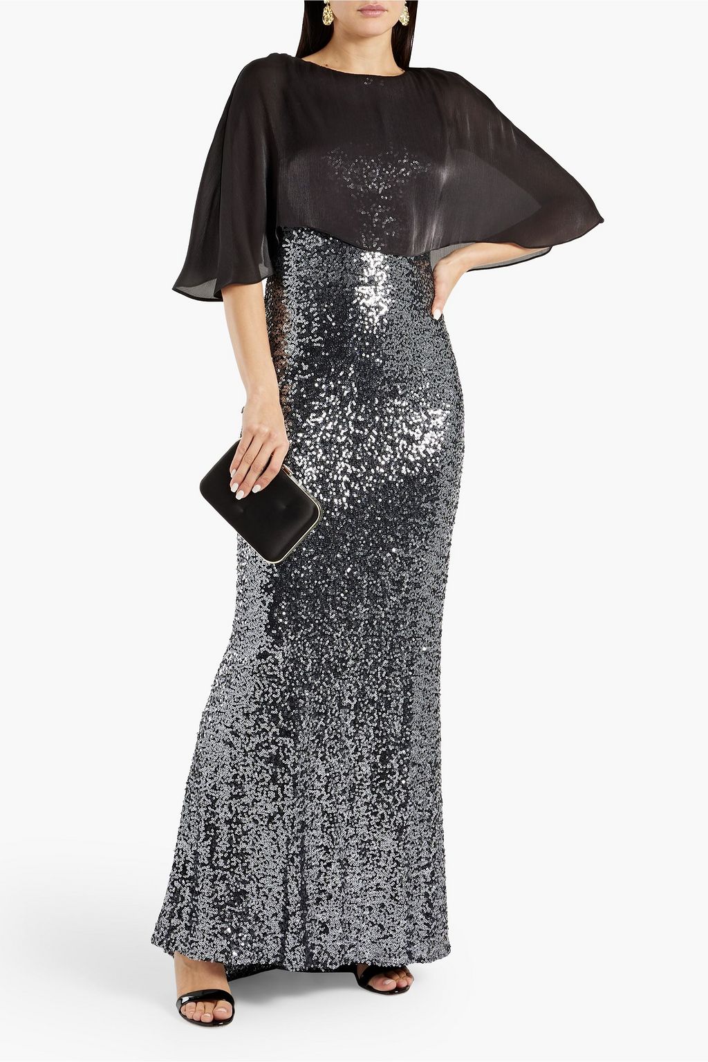 BADGLEY MISCHKA Cape-effect sequined tulle gown