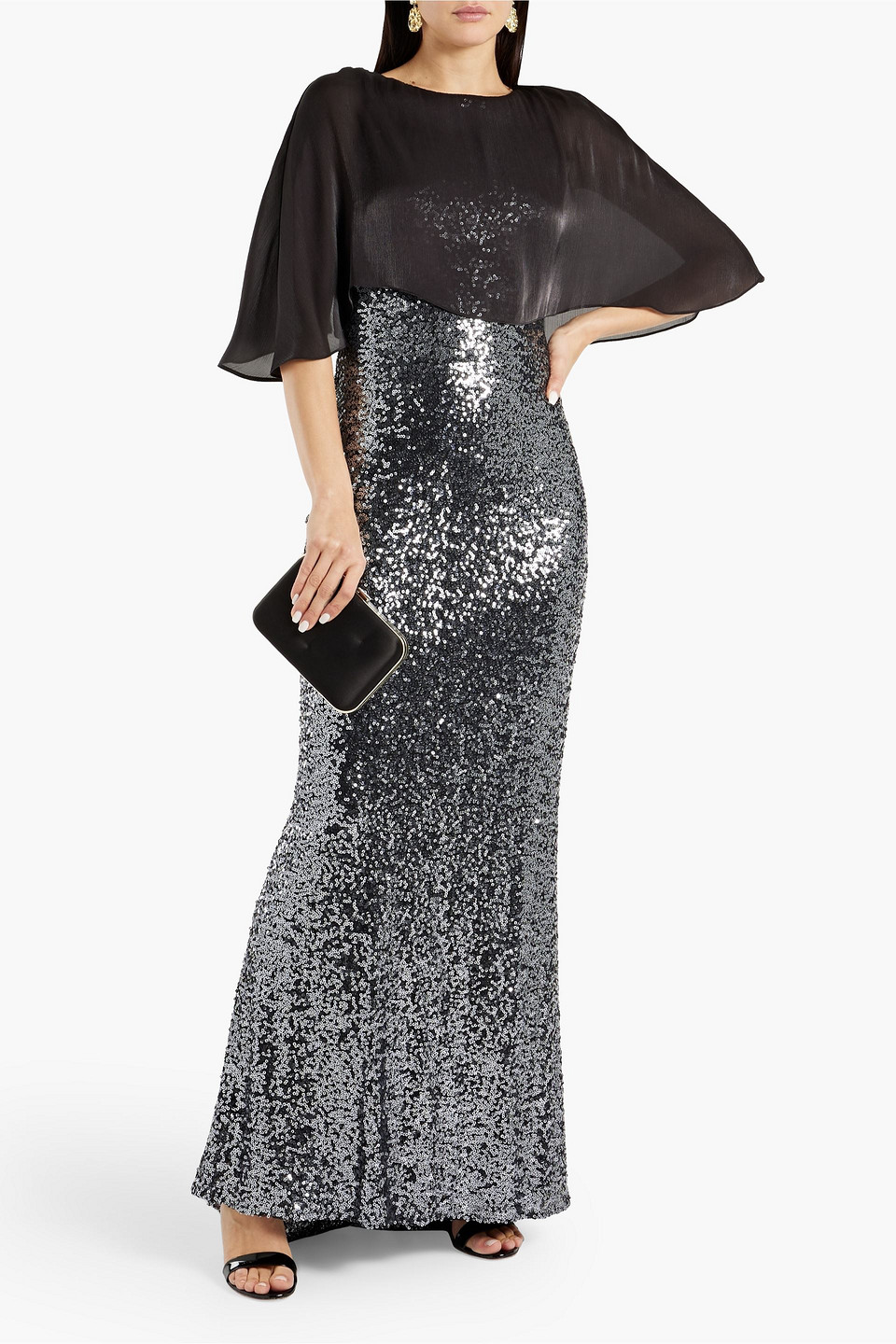 Badgley Mischka Cape-effect Sequined Tulle Gown In Gunmetal
