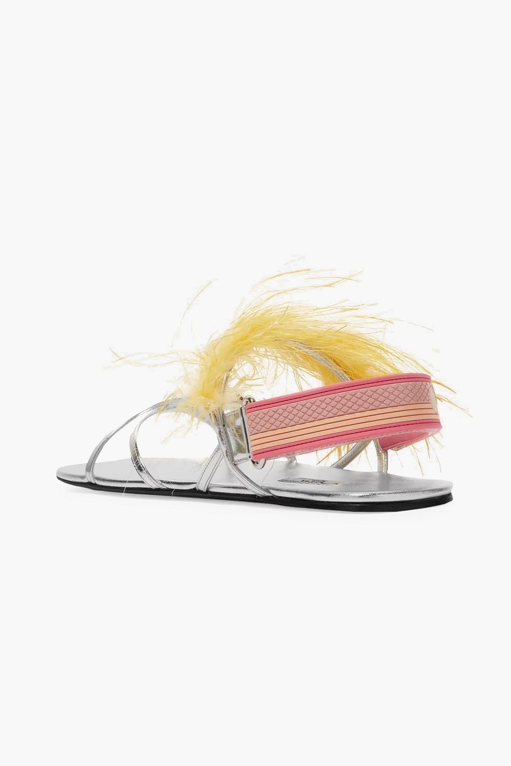 PRADA Feather-embellished metallic leather sandals