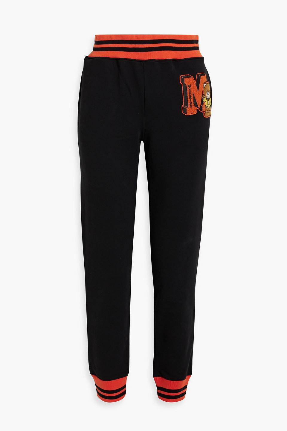 Shop Moschino Appliquéd French Cotton-terry Track Pants In Black