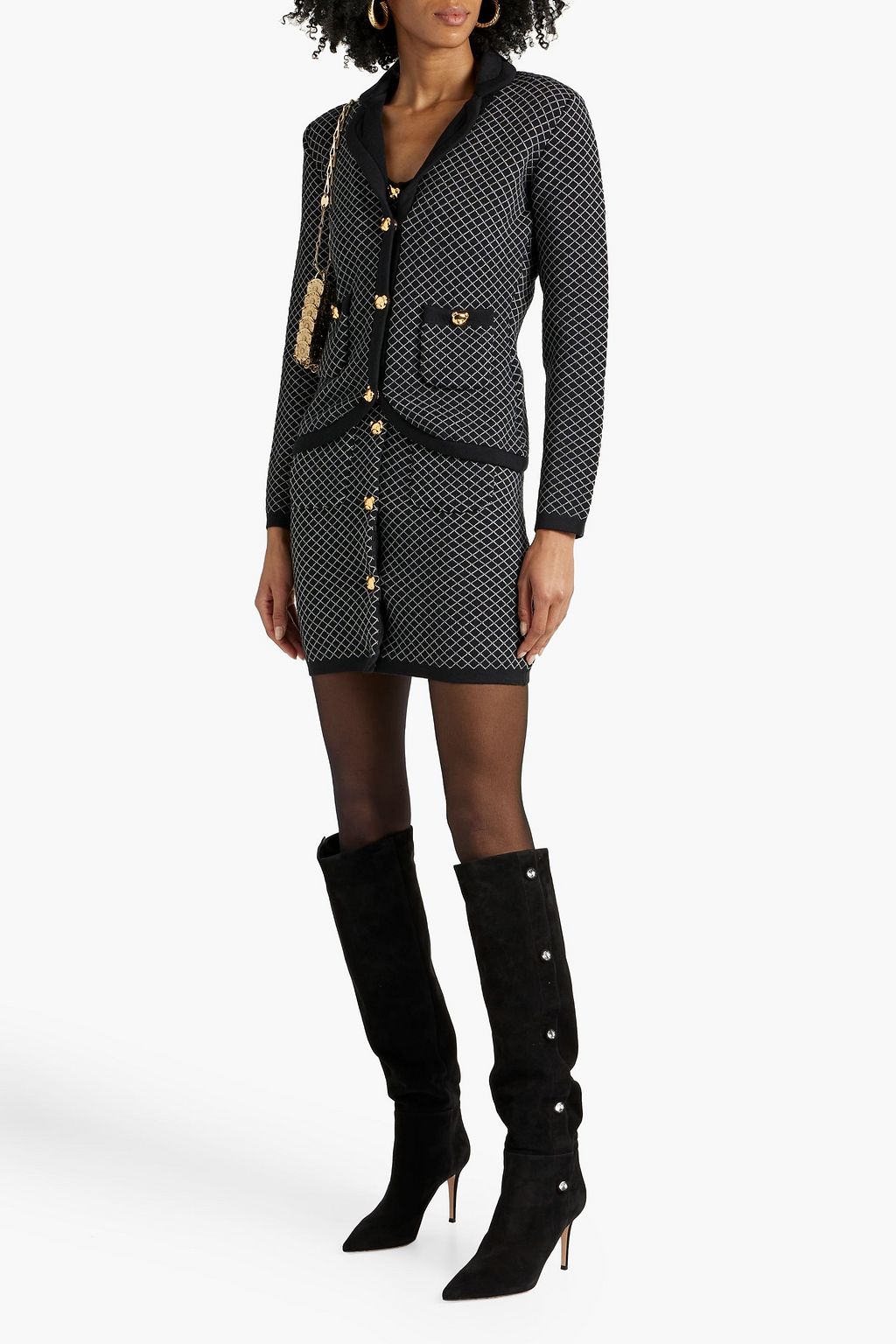 MOSCHINO Button-embellished jacquard-knit wool cardigan