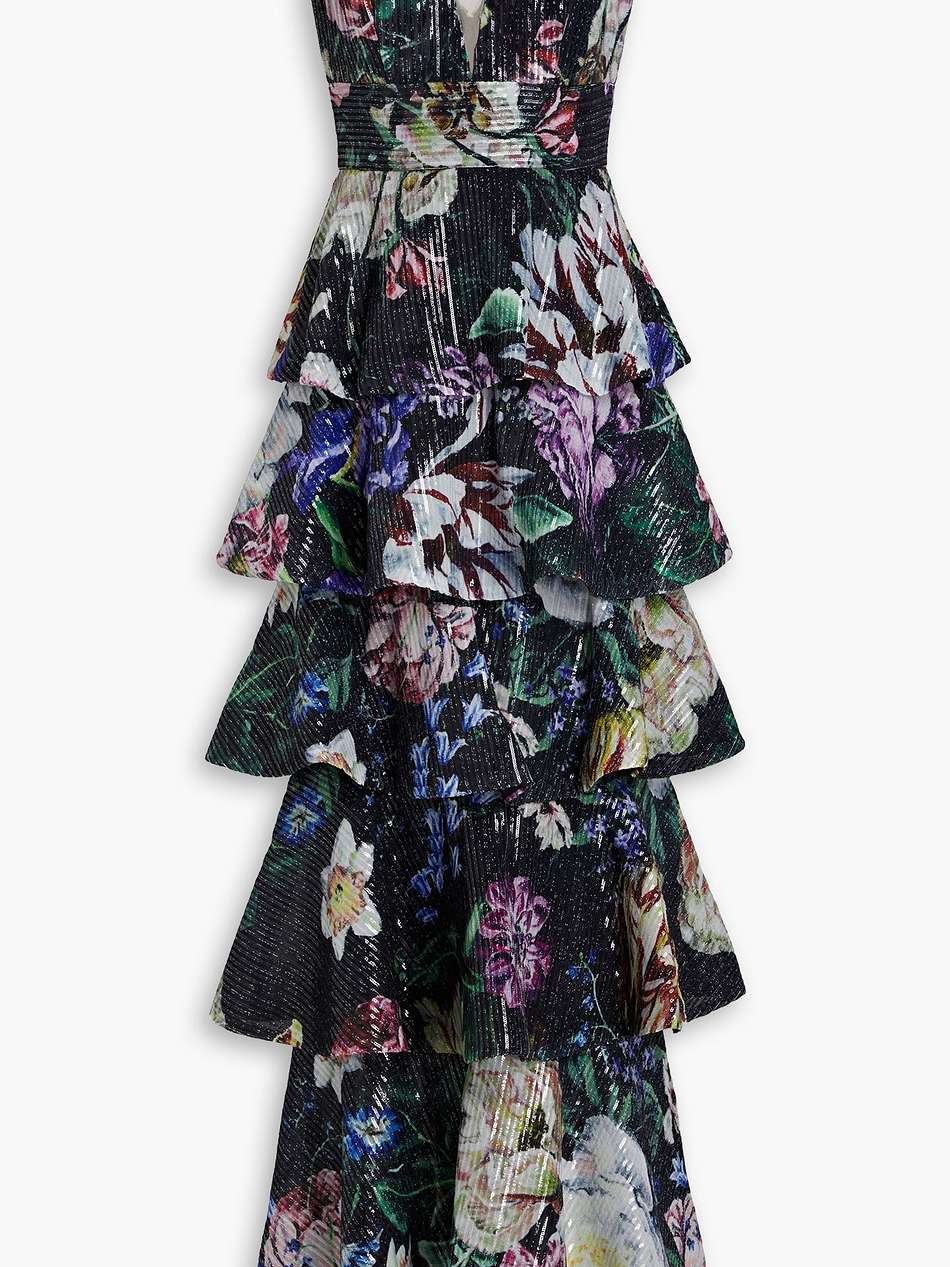 tiered embellished floral-print chiffon gown