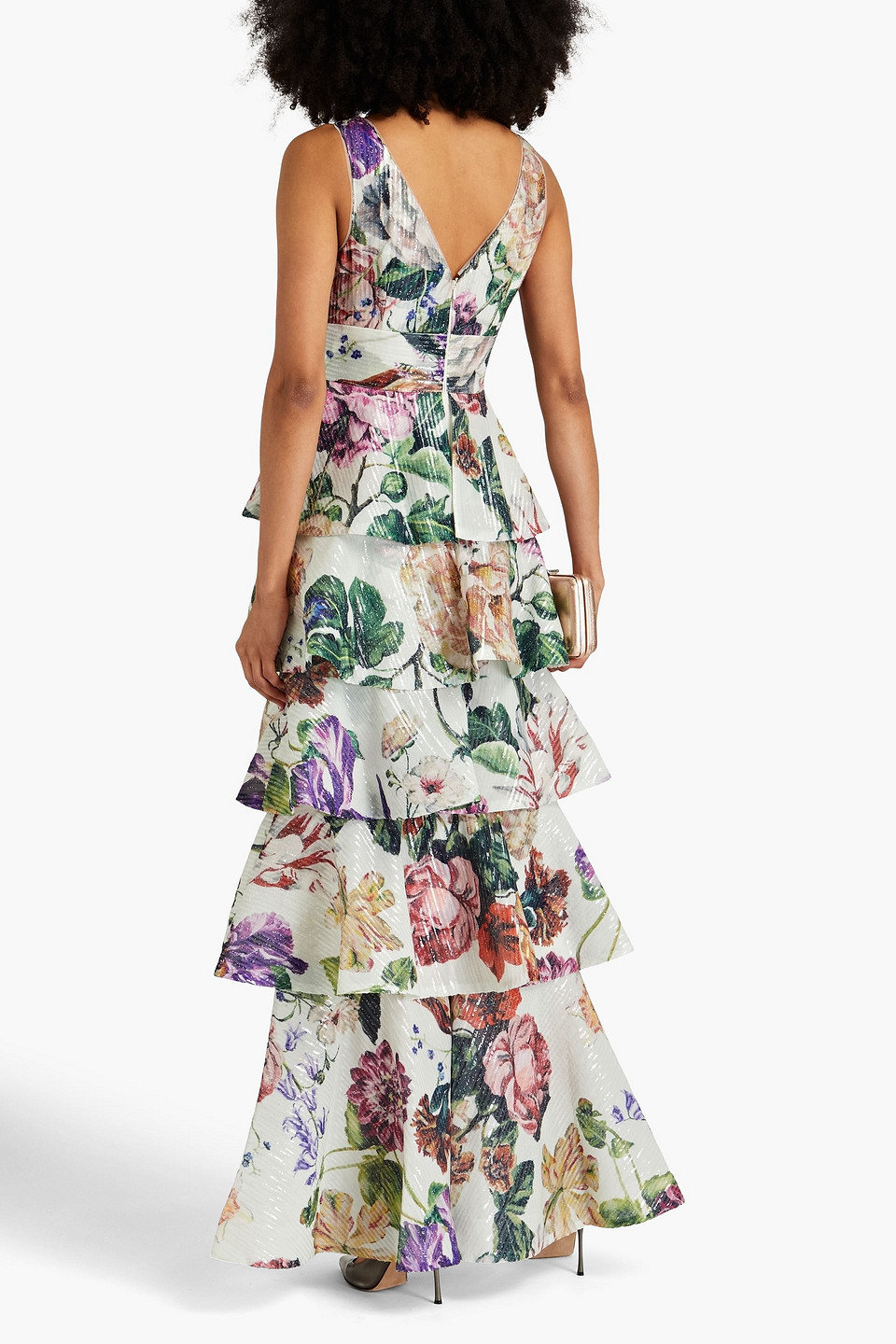 Shop Marchesa Notte Tiered Embellished Floral-print Chiffon Gown In Ivory