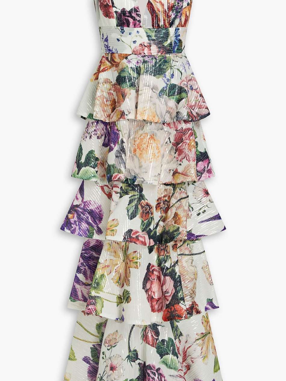tiered embellished floral-print chiffon gown