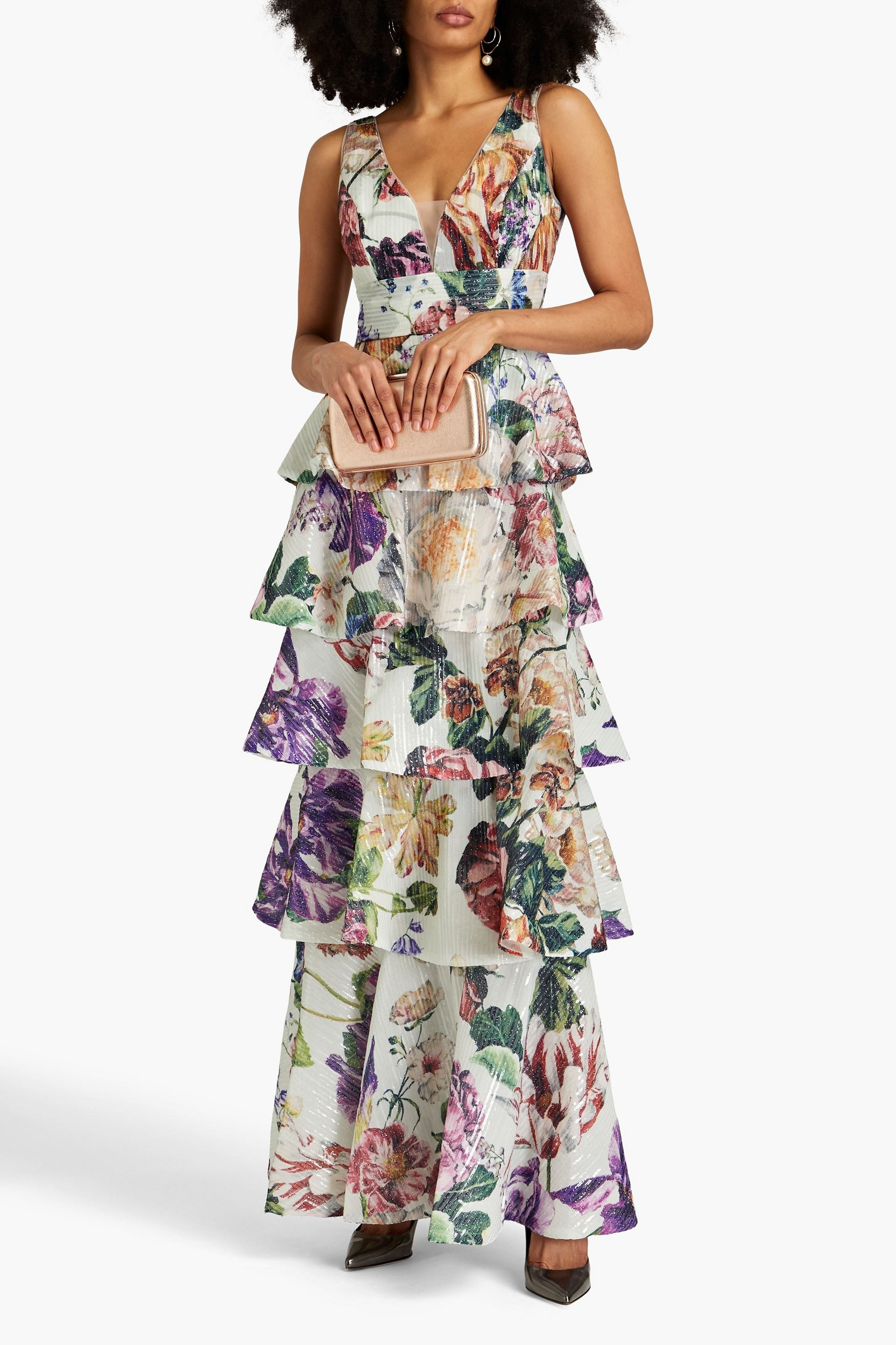 MARCHESA NOTTE Tiered embellished floral-print chiffon gown