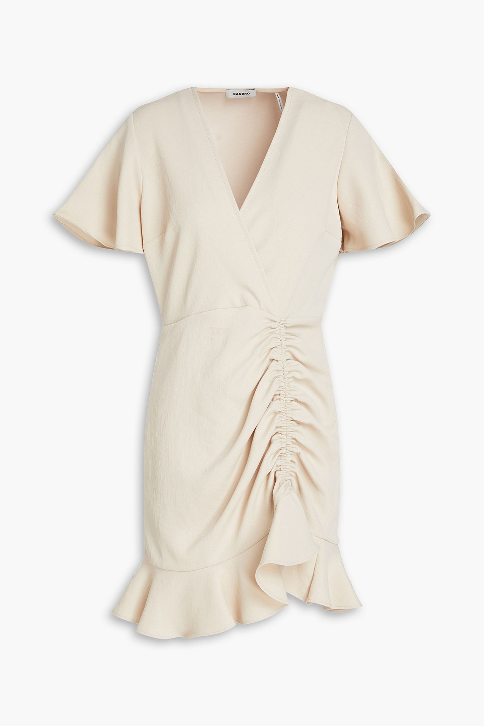 Sandro Albi Ruched Ruffled Crepe Mini Dress In Ecru