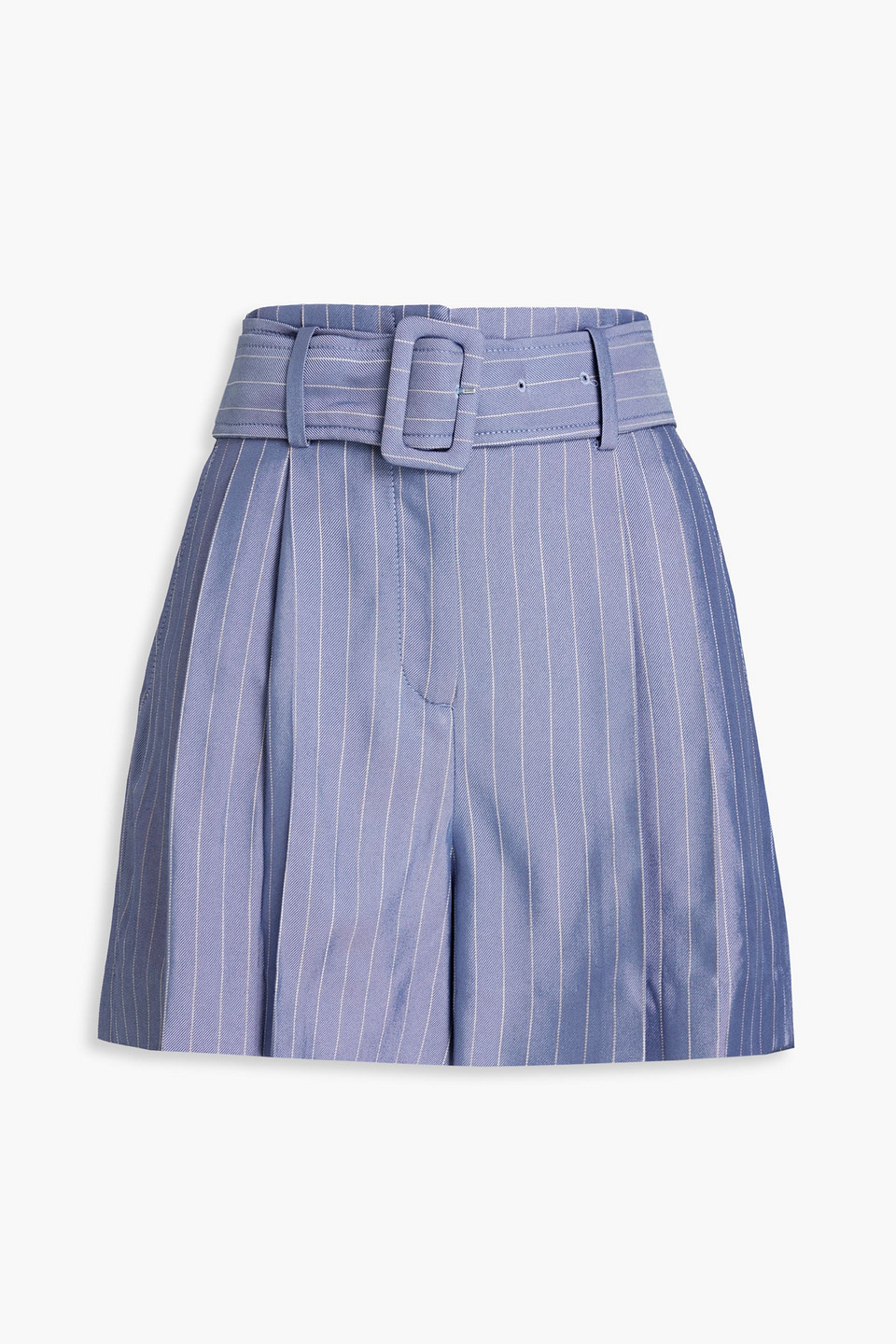 Sandro Artis Belted Pleated Striped Twill Shorts In Blue