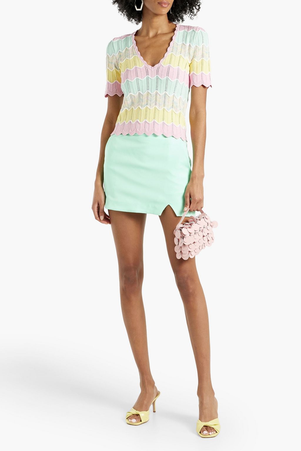 MOSCHINO Scalloped striped pointelle-knit cotton-blend top