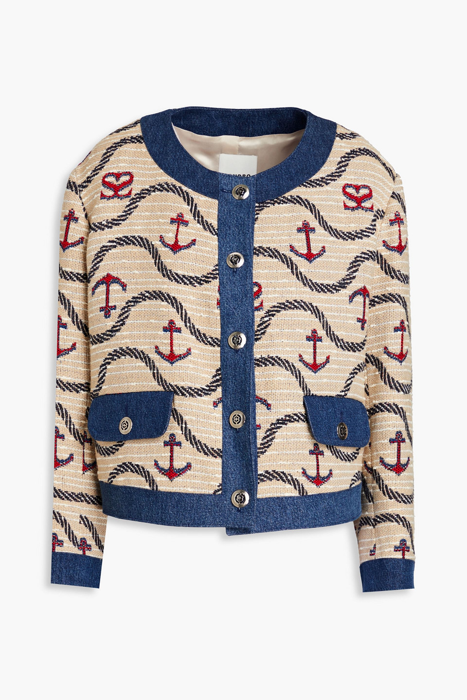 Sandro Rosetta Denim-trimmed Jacquard Jacket In Neutrals