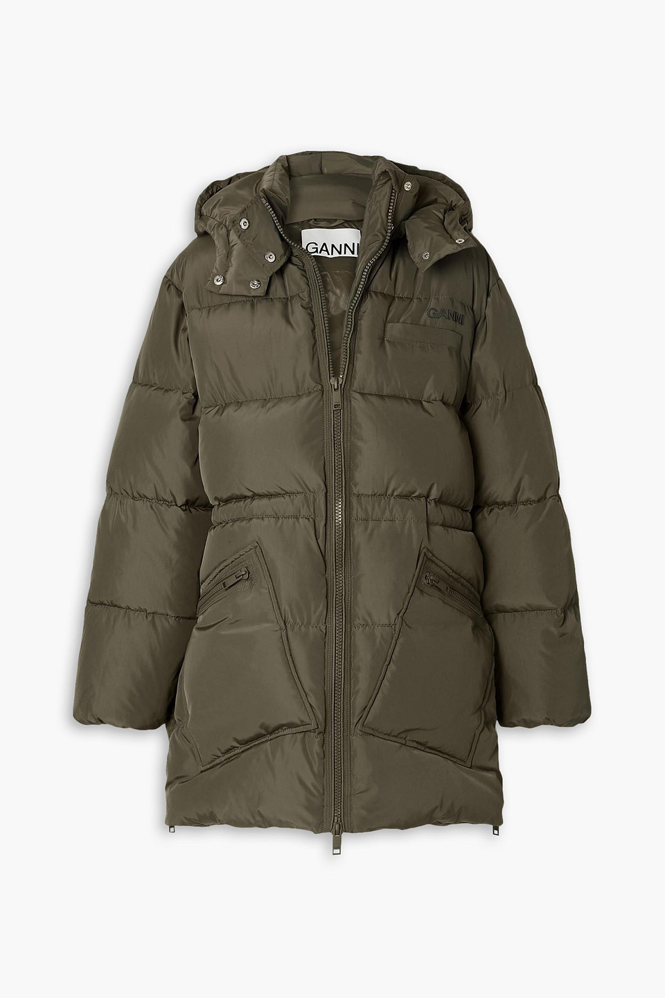 Ganni Oversized Tech Puffer Midi Jacket In Army Green