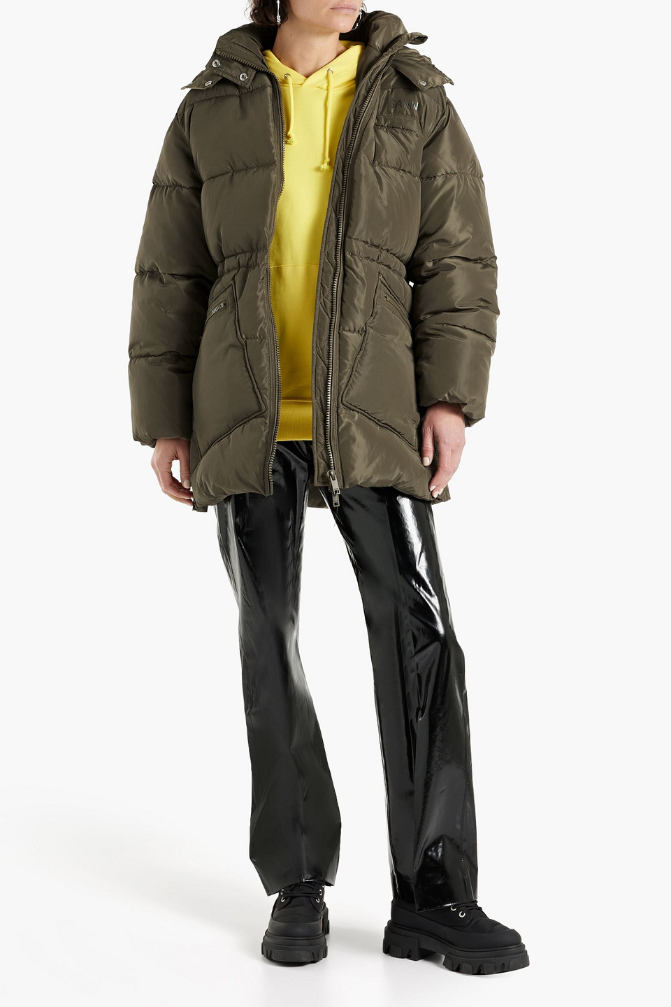 Ganni Oversized Tech Puffer Midi Jacket In Army Green