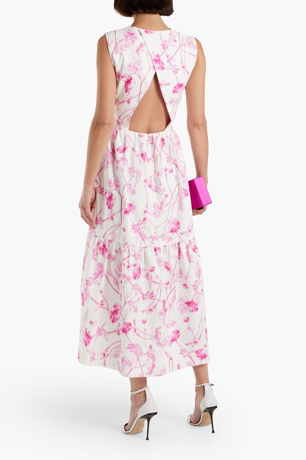 MONIQUE LHUILLIER Cutout floral-print cotton-blend tweed midi dress