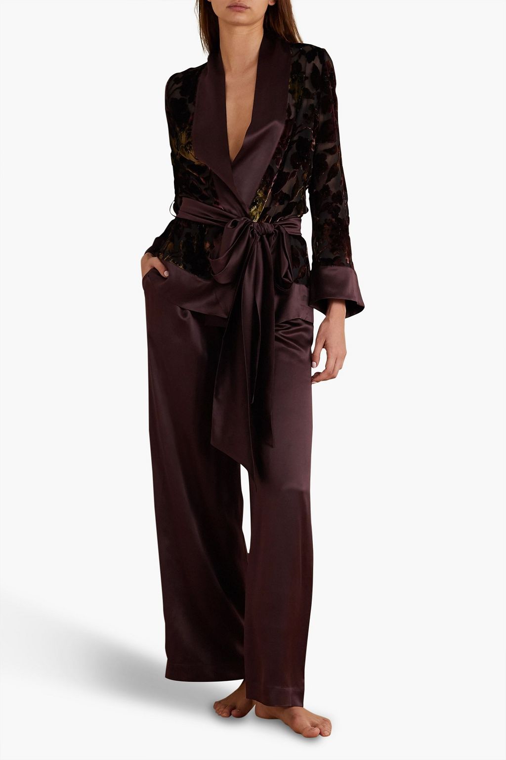 CARINE GILSON Satin-trimmed embroidered devoré silk-velvet robe