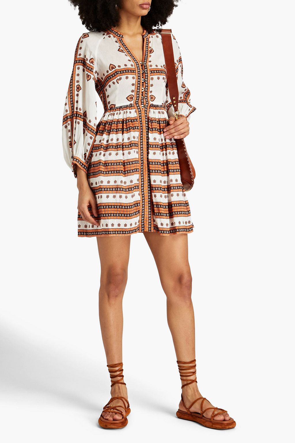 SANDRO Ramata pleated printed linen and silk-blend mini dress | THE OUTNET