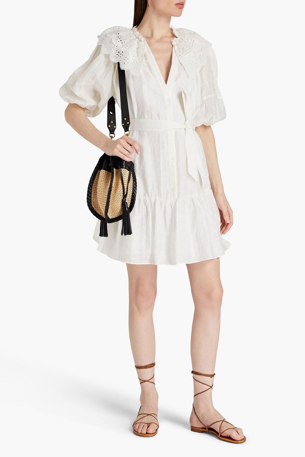 SANDRO Broderie anglaise-trimmed linen-blend mini dress