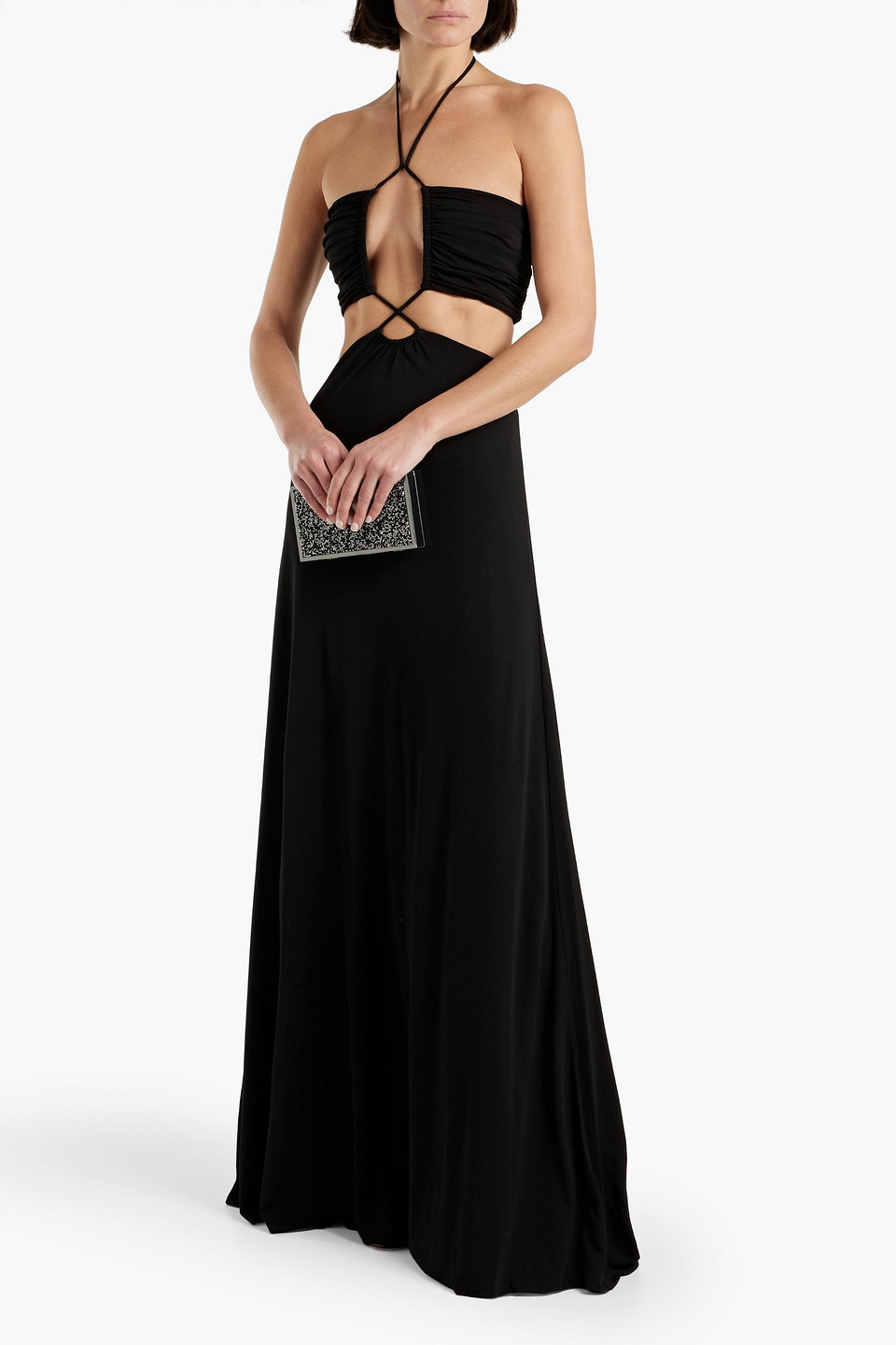 Shop Halston Eva Cutout Jersey Halterneck Gown In Black