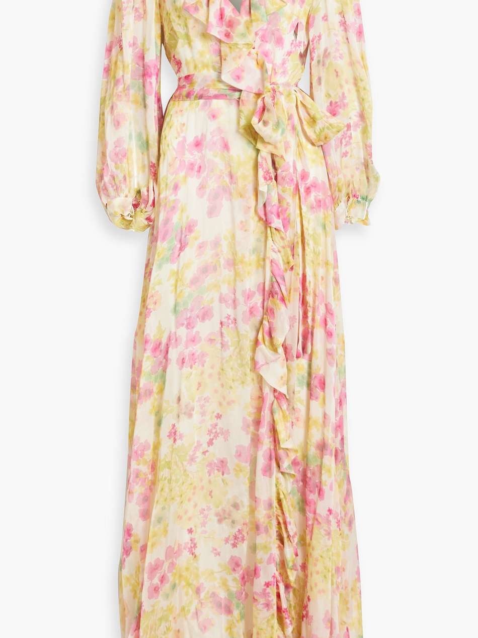 ruffled floral-print silk-blend chiffon gown