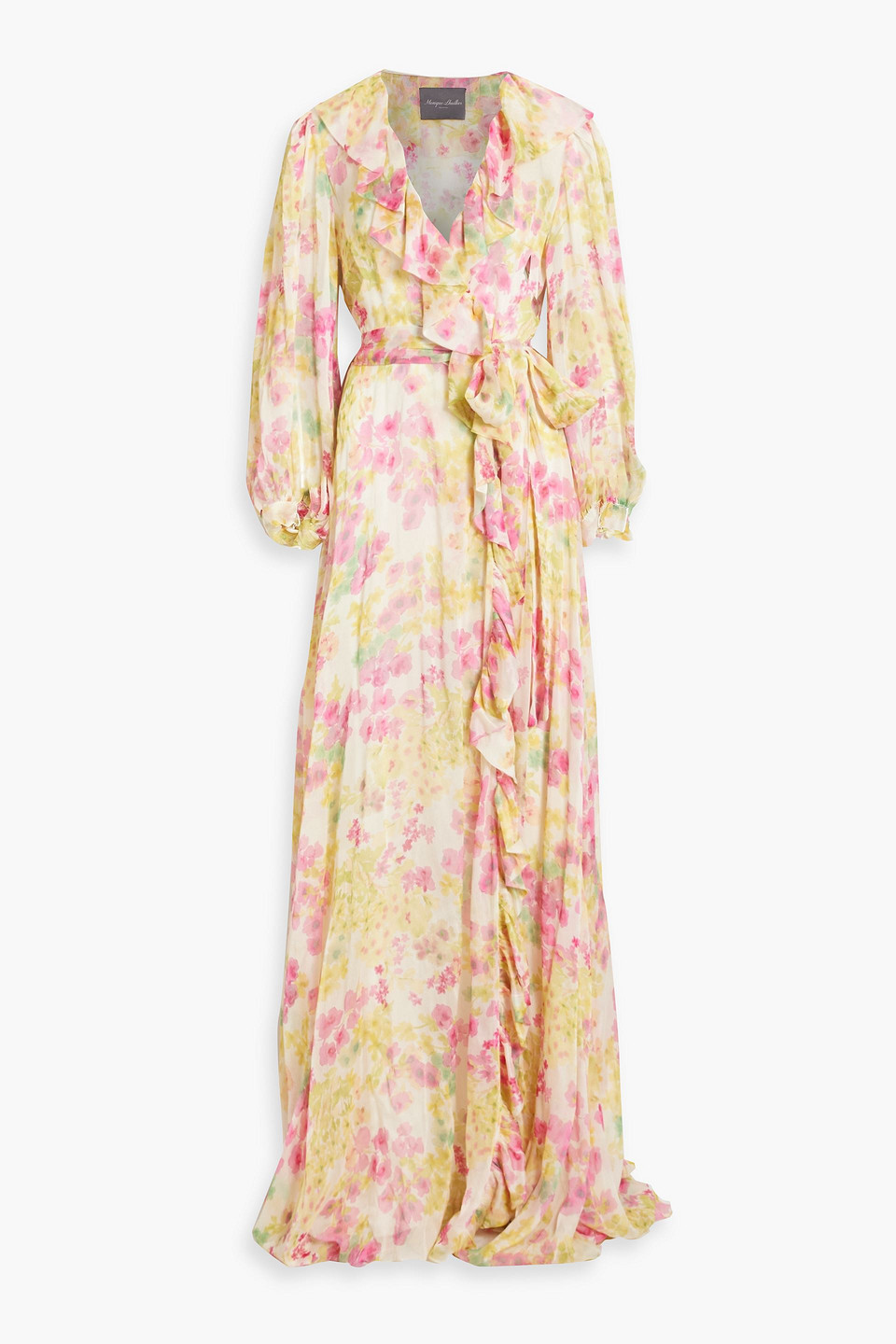 Monique Lhuillier Ruffled Floral-print Silk-blend Chiffon Gown In Pink