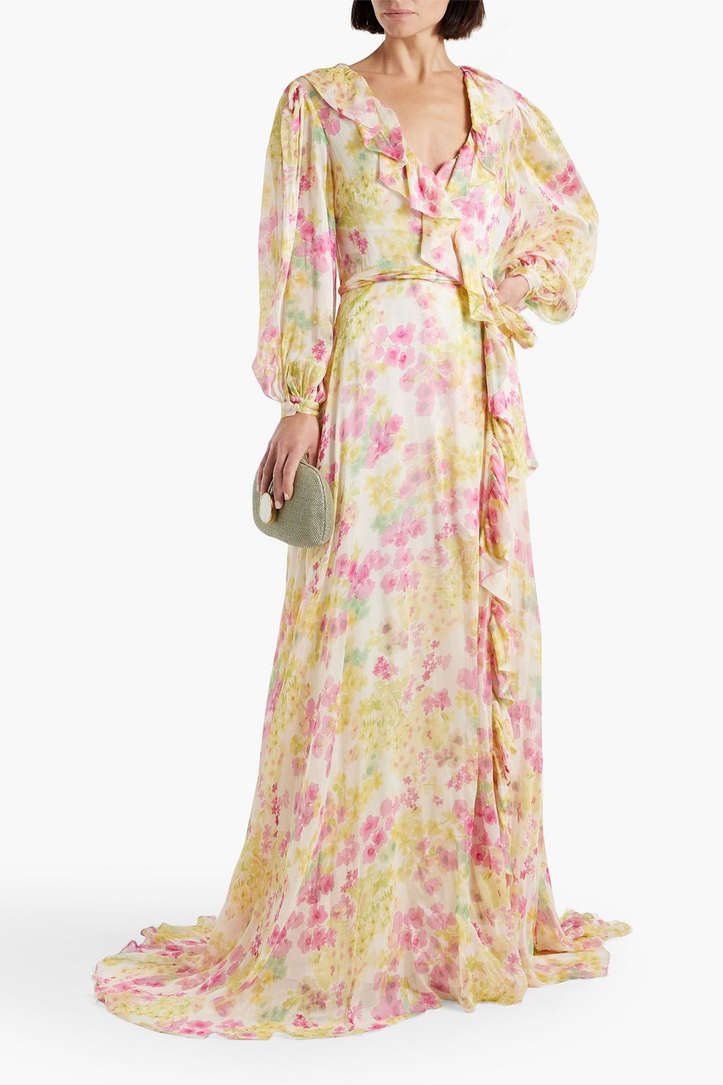 MONIQUE LHUILLIER Ruffled floral-print silk-blend chiffon gown