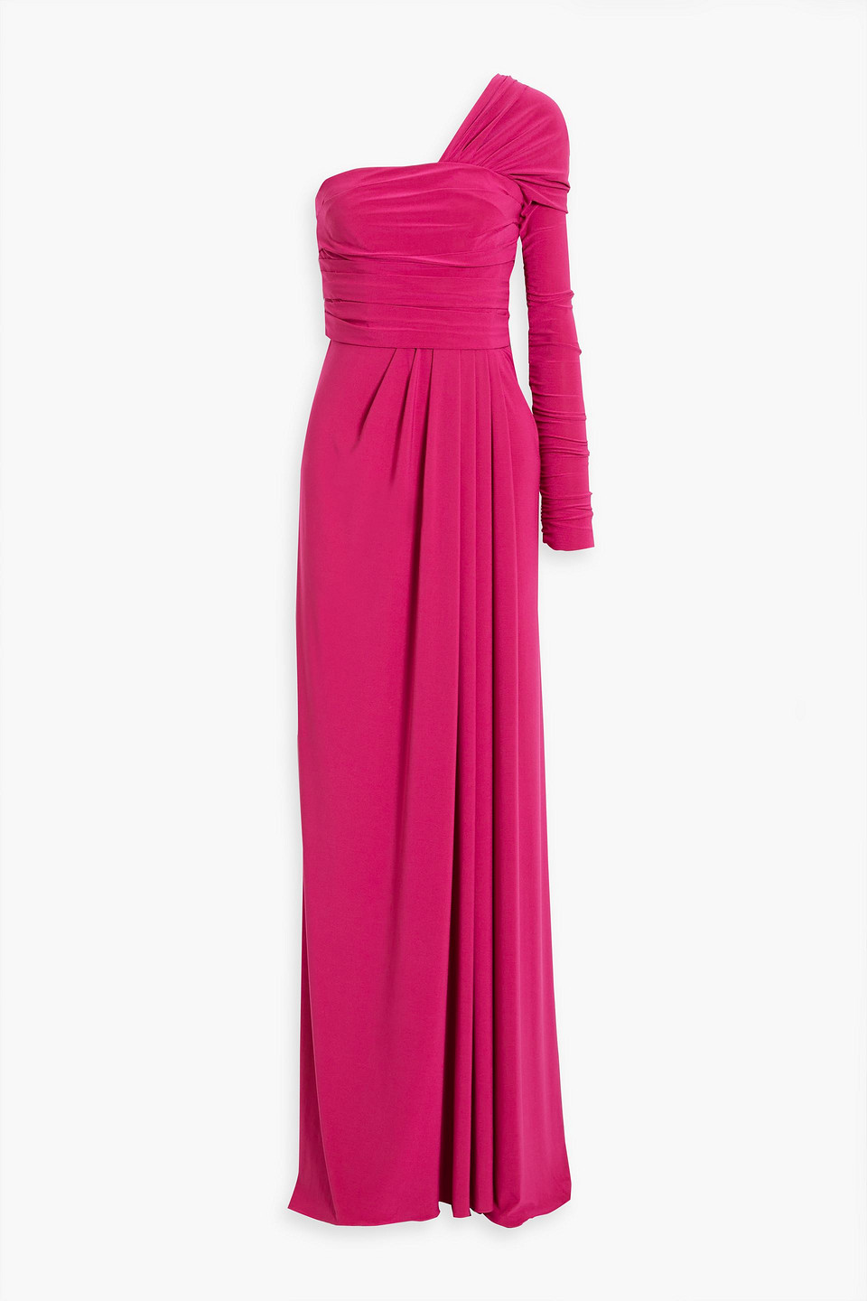 Monique Lhuillier One-shoulder Pleated Stretch-jersey Gown In Fuchsia