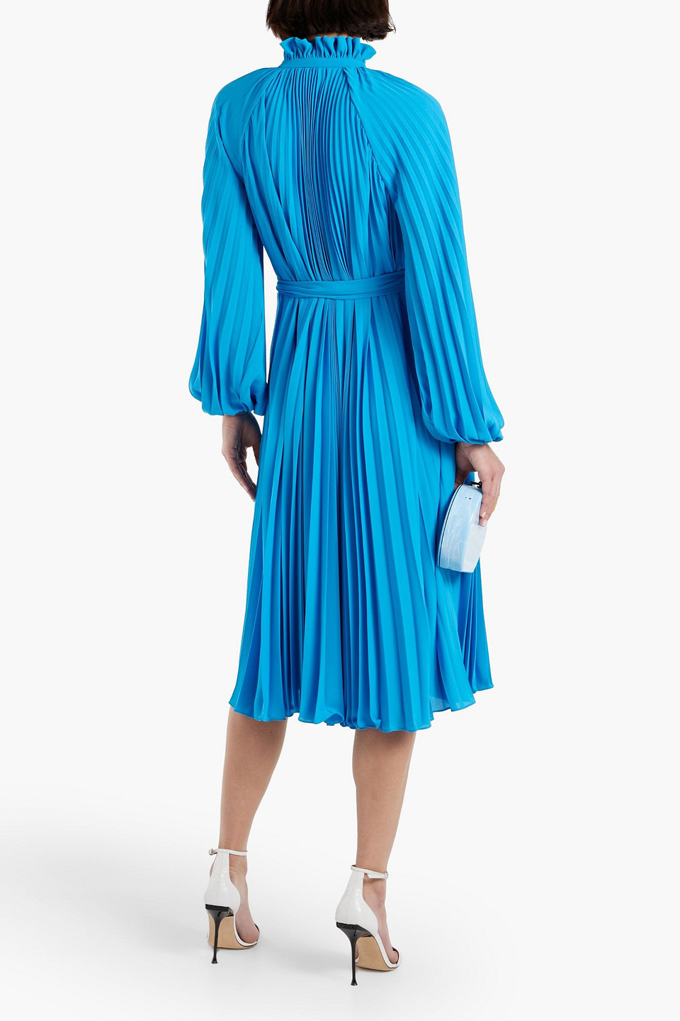 Shop Monique Lhuillier Pleated Belted Crepe Midi Dress In Azure