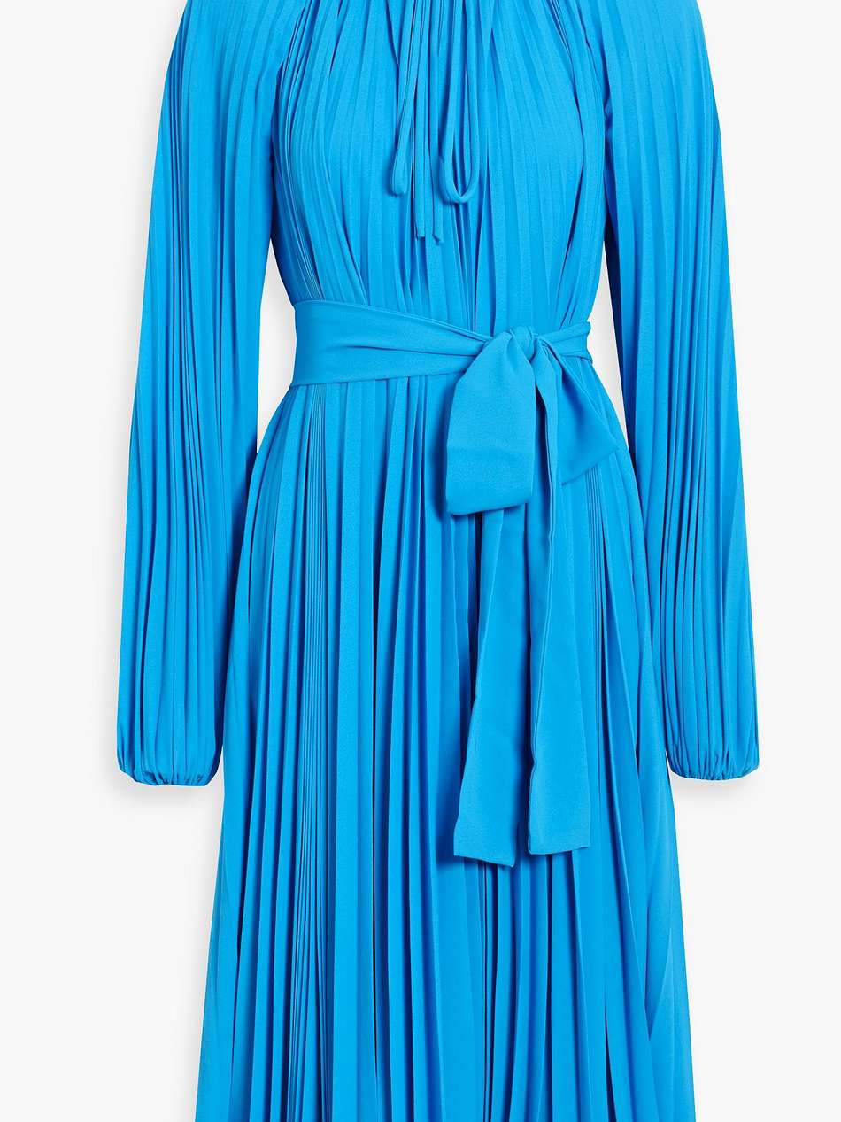 pleated belted crepe midi dress