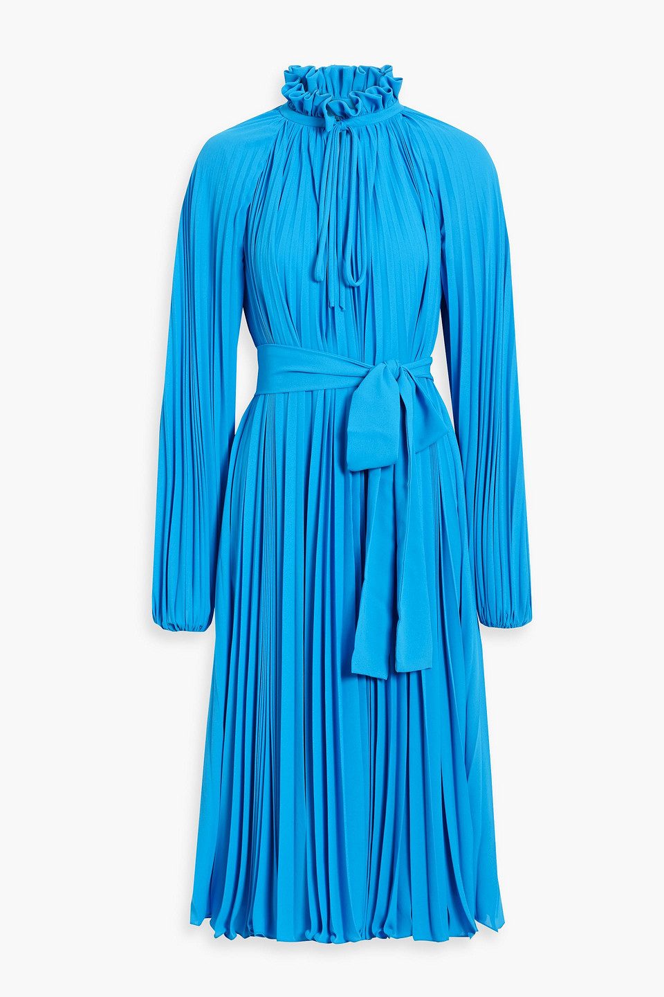 Pleated belted crepe midi dress