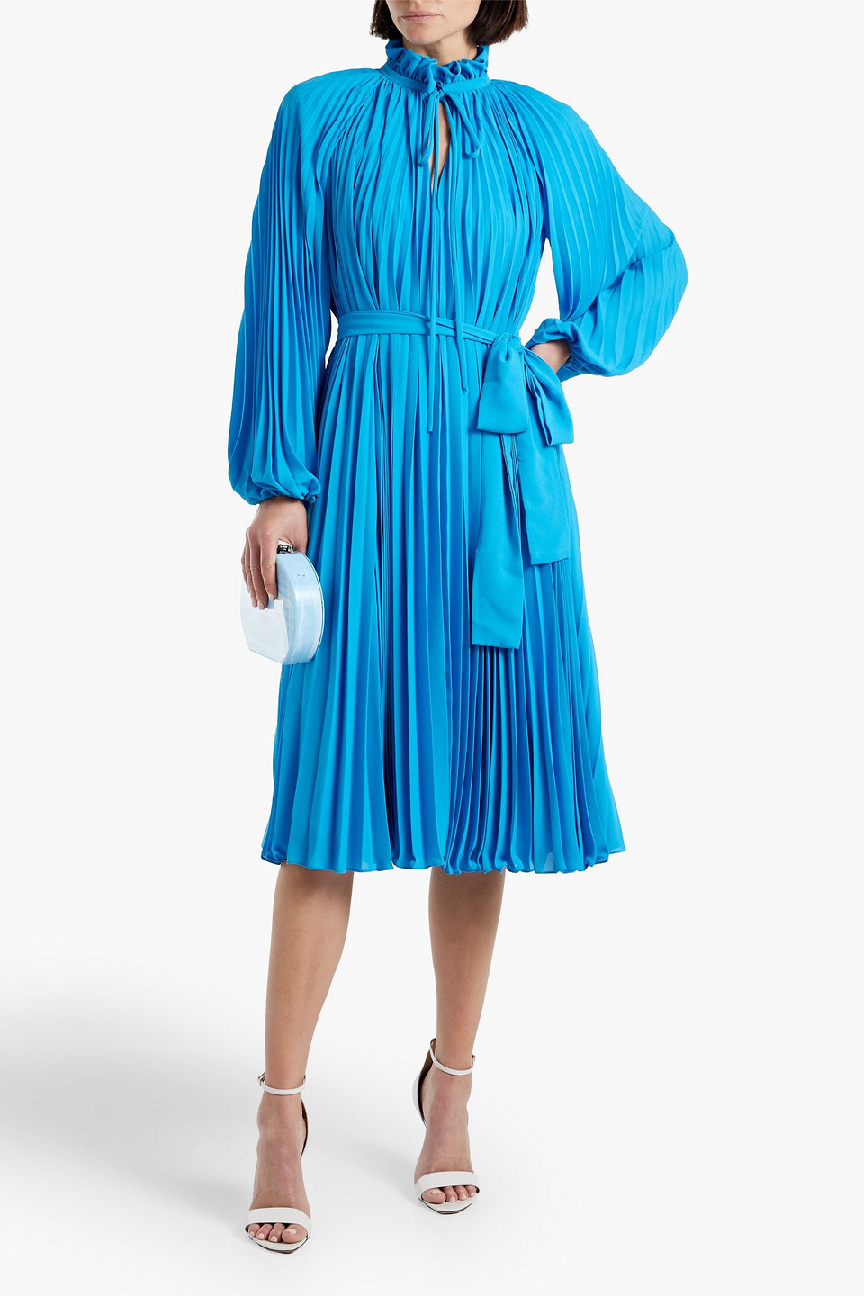 Shop Monique Lhuillier Pleated Belted Crepe Midi Dress In Azure