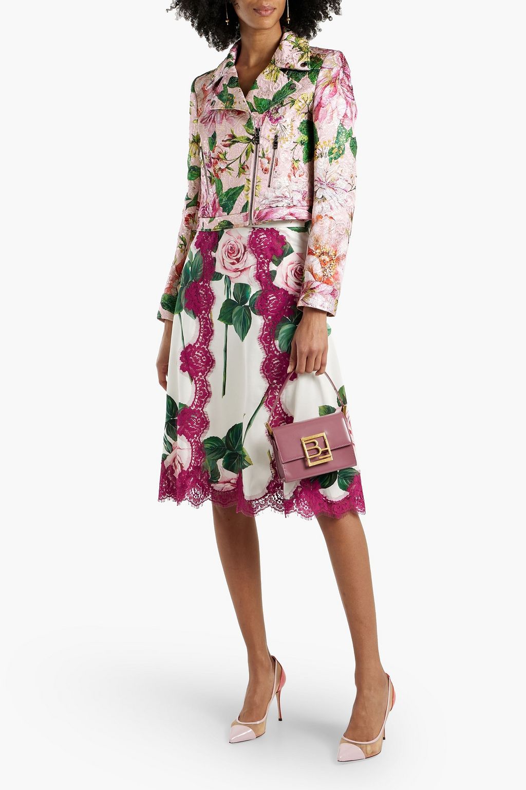 DOLCE&GABBANA تنورة من مزيج الحرير بحواف من الدانتيل مزينة بطبعات على شكل زهور