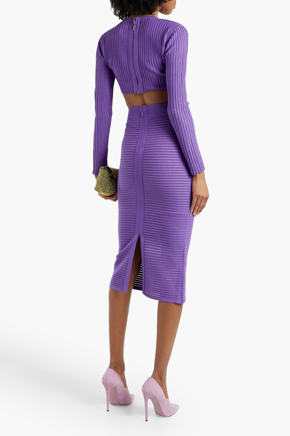 Herve Leger Metallic Ribbed-knit Recycled Viscose-blend Midi Skirt In Purple