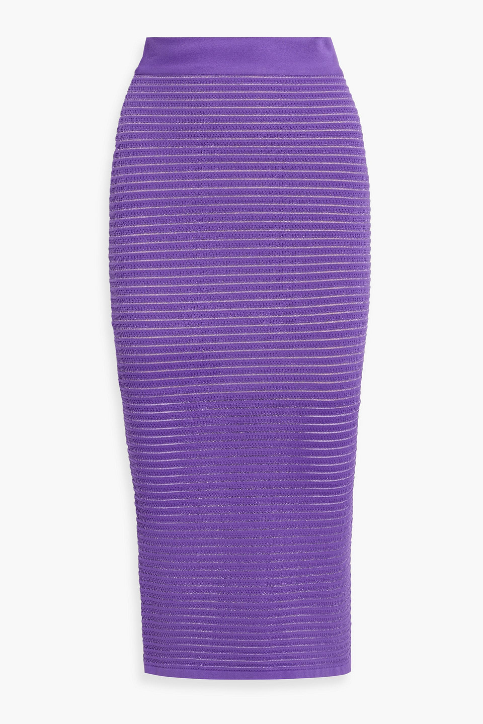 Herve Leger Metallic Ribbed-knit Recycled Viscose-blend Midi Skirt In Purple