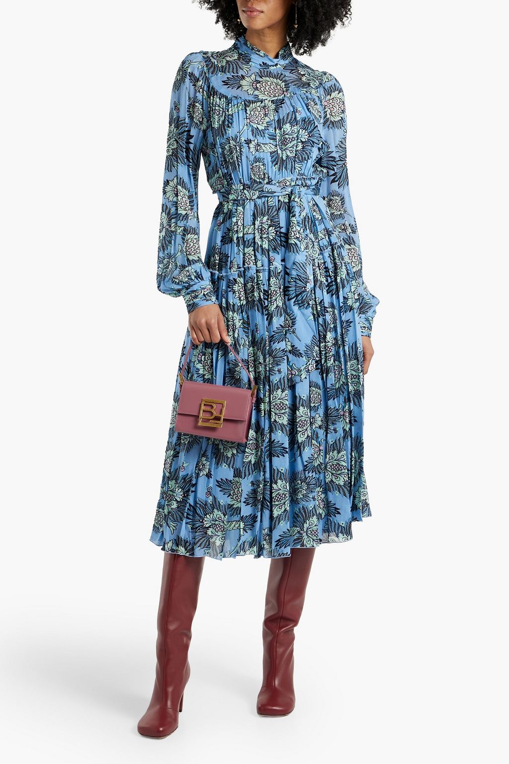 DIANE VON FURSTENBERG 프린트 시폰 플리츠 미디 셔츠 드레스