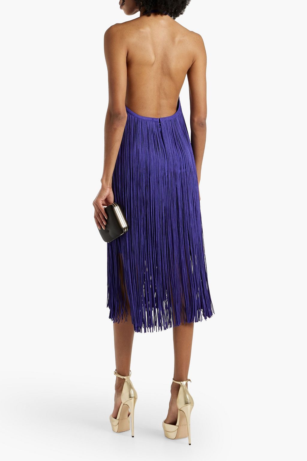HERVÉ LÉGER Open-back fringed bandage halterneck dress