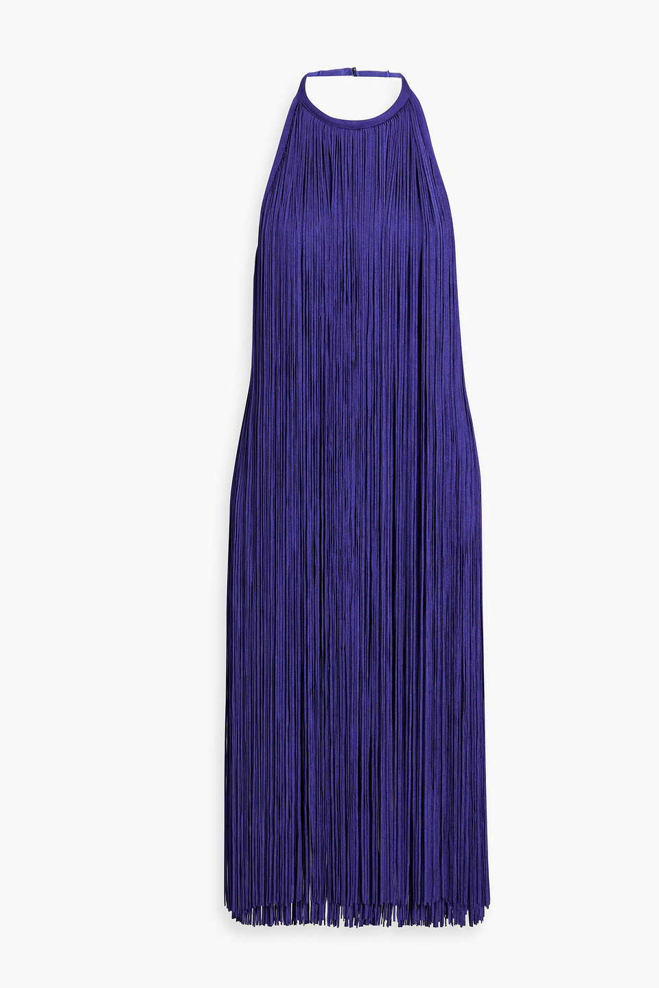 Herve Leger Open-back Fringed Bandage Halterneck Dress In Purple