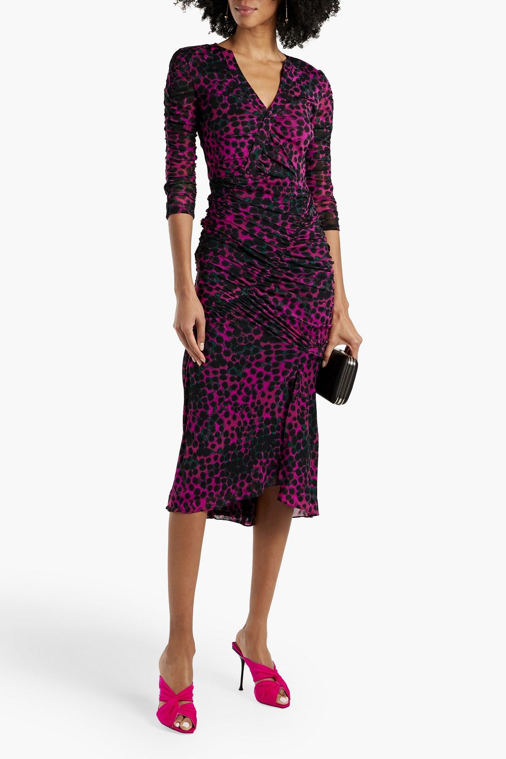 DIANE VON FURSTENBERG Mira ruched printed stretch-mesh midi dress