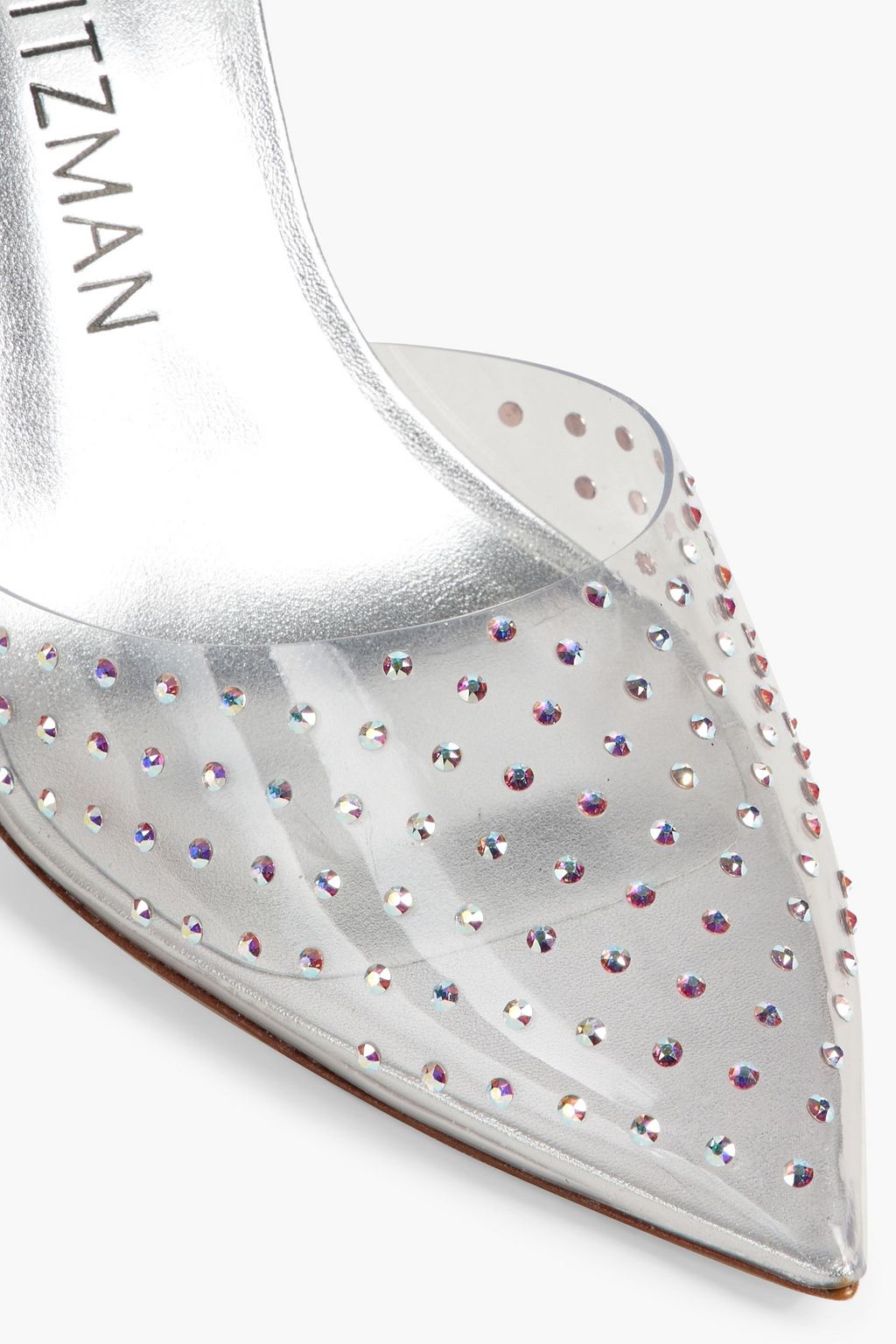 STUART WEITZMAN Glam Xcurve 100 embellished PVC and metallic leather pumps