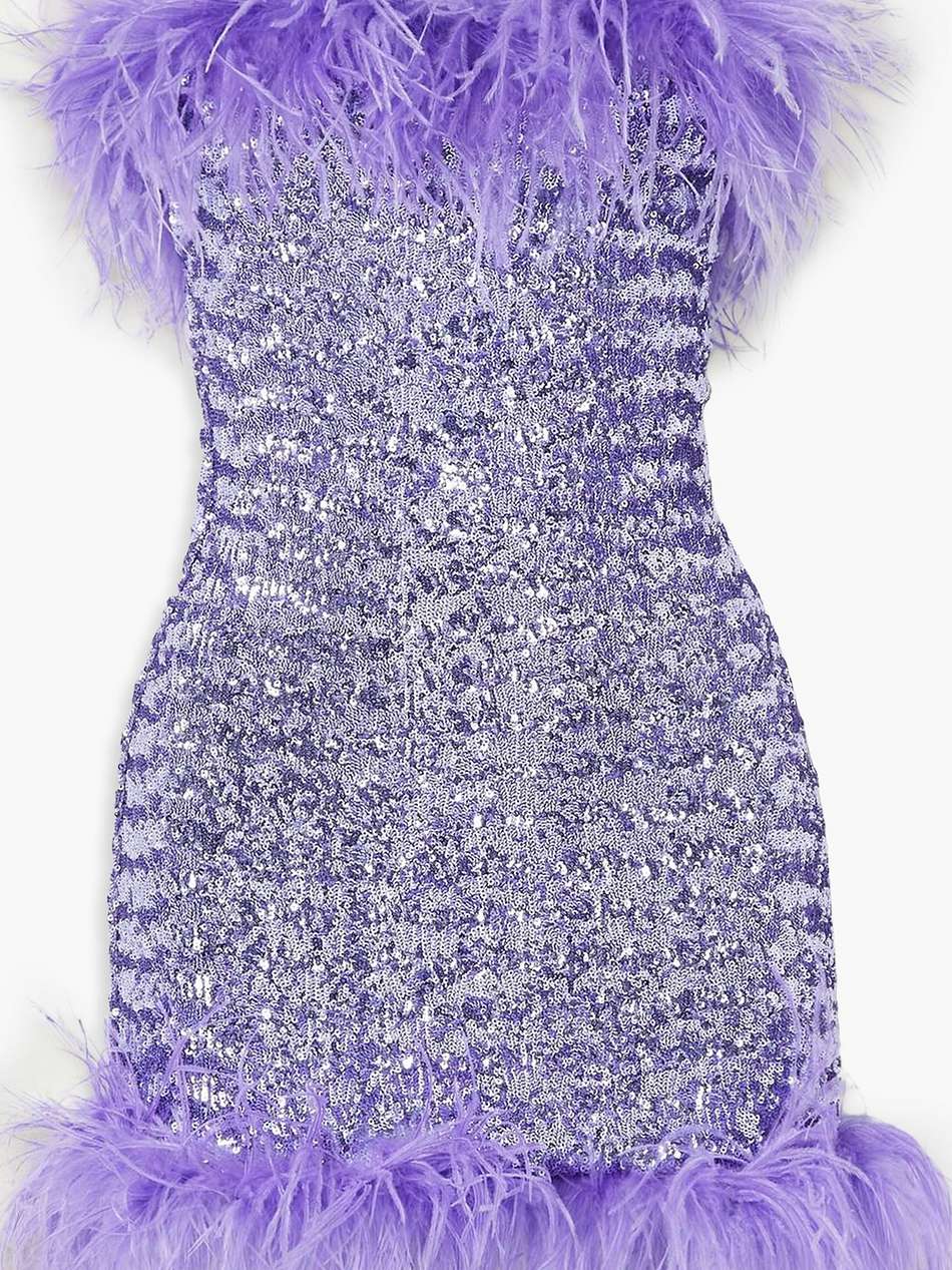 strapless feather-trimmed sequined tulle mini dress