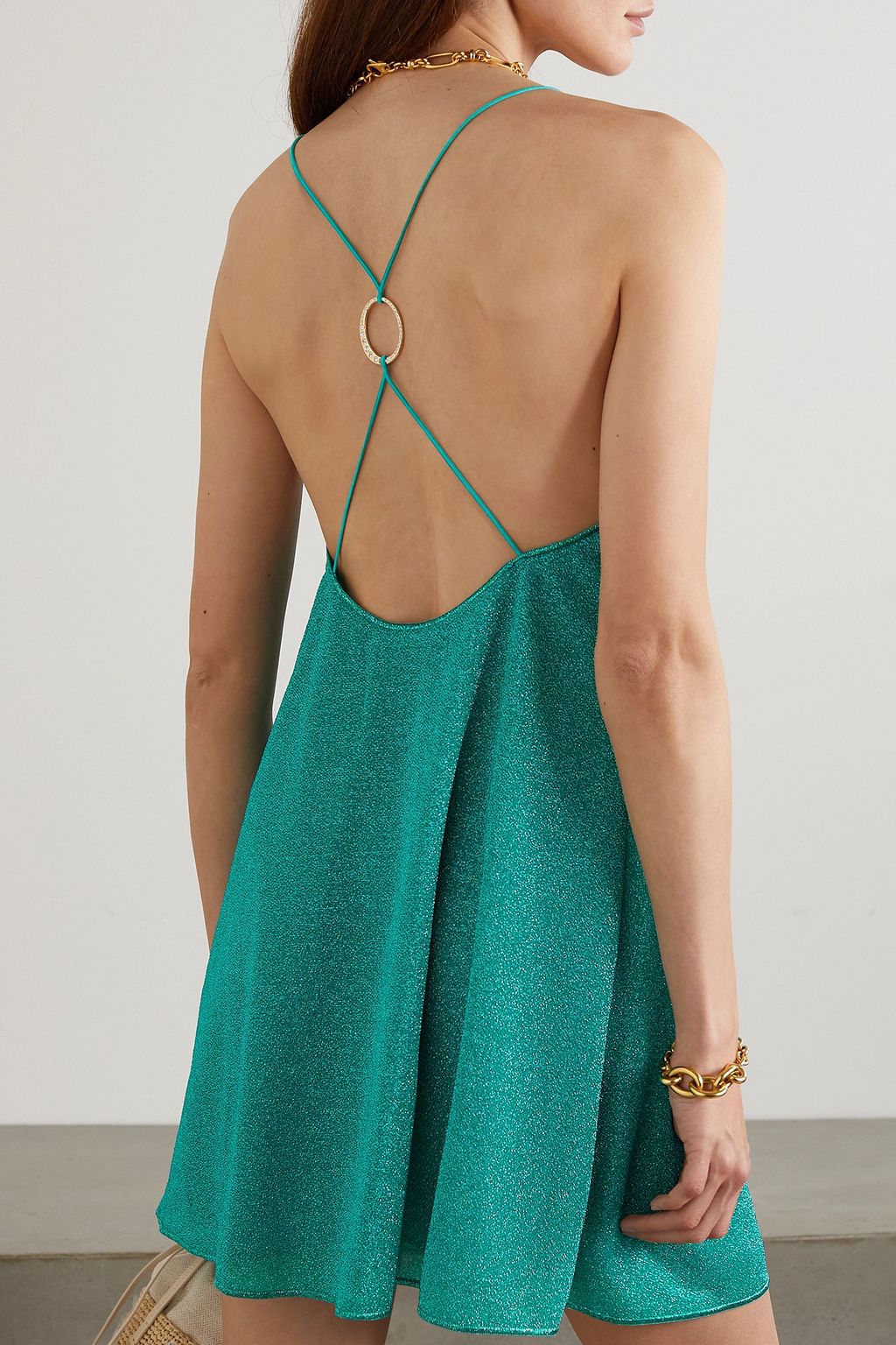 OSÉREE Lumière embellished metallic stretch-knit mini dress OSÉREE Lumière embellished metallic stretch-knit mini dress
