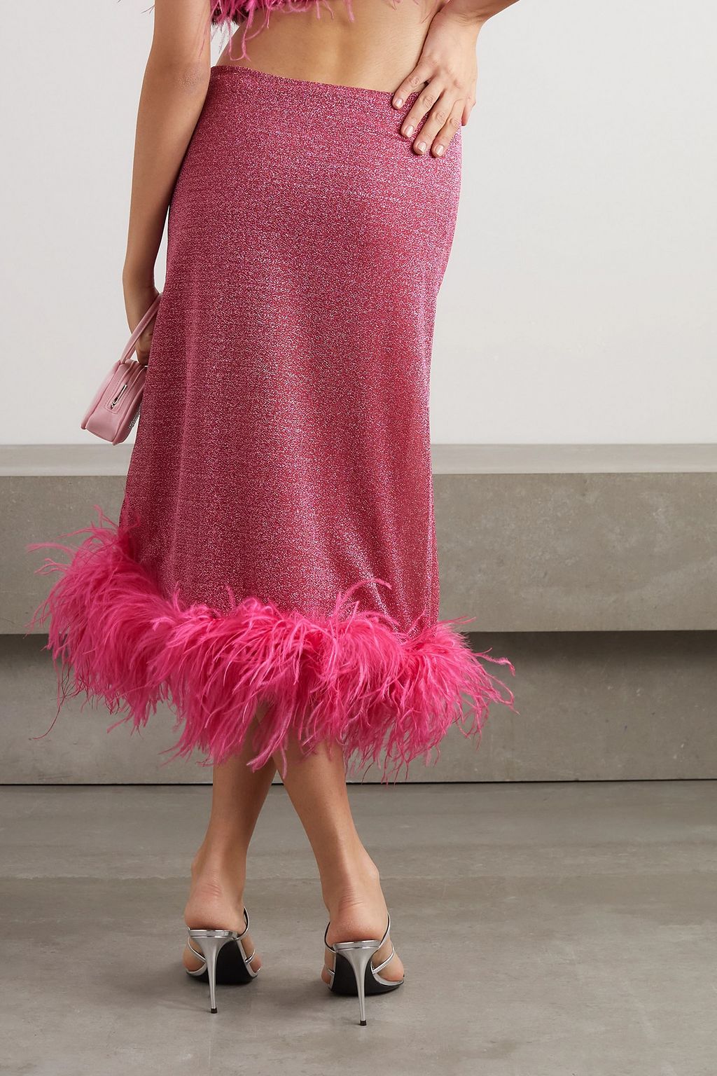 OSÉREE Lumière feather-trimmed metallic stretch-knit midi skirt
