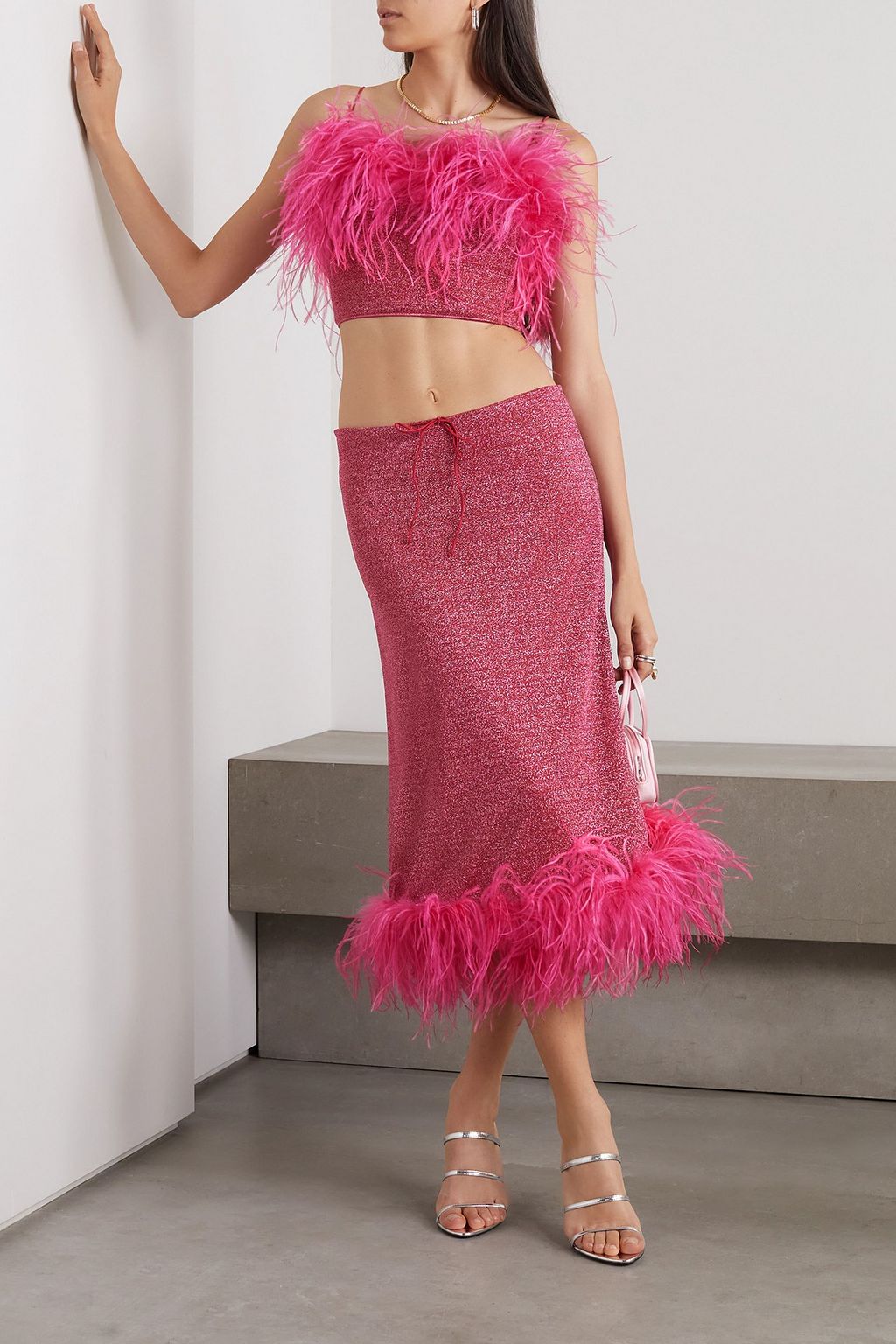 OSÉREE Lumière feather-trimmed metallic stretch-knit midi skirt