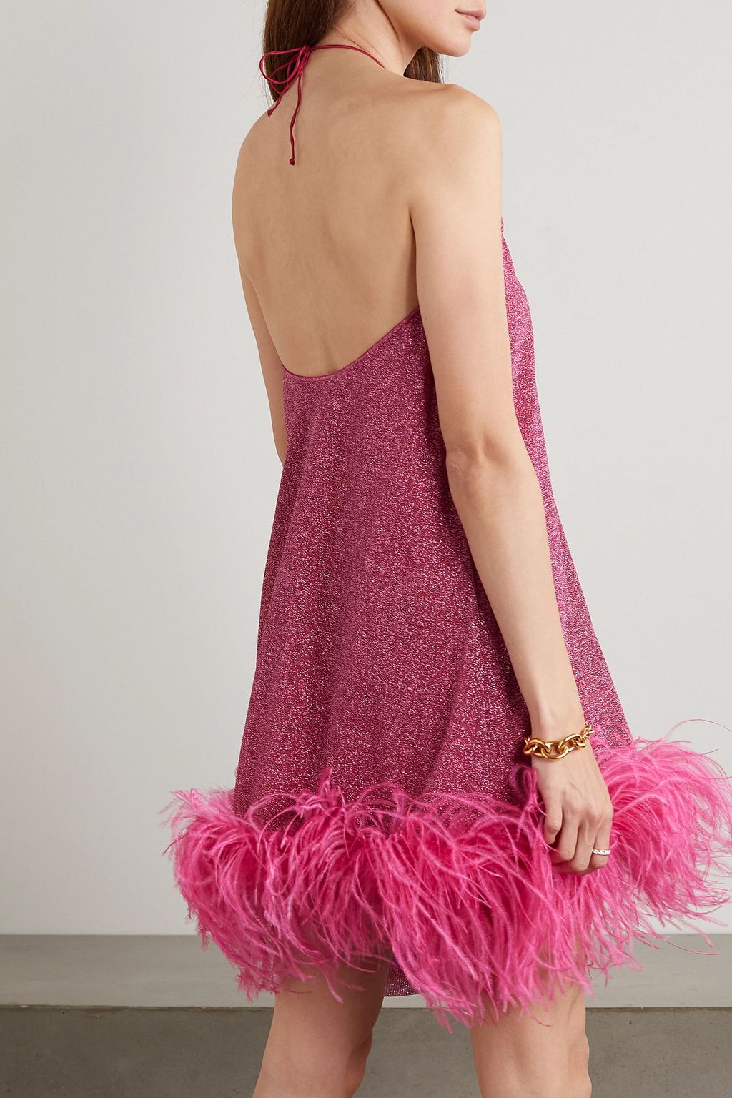OSÉREE Lumière feather-trimmed metallic stretch-knit halterneck mini dress