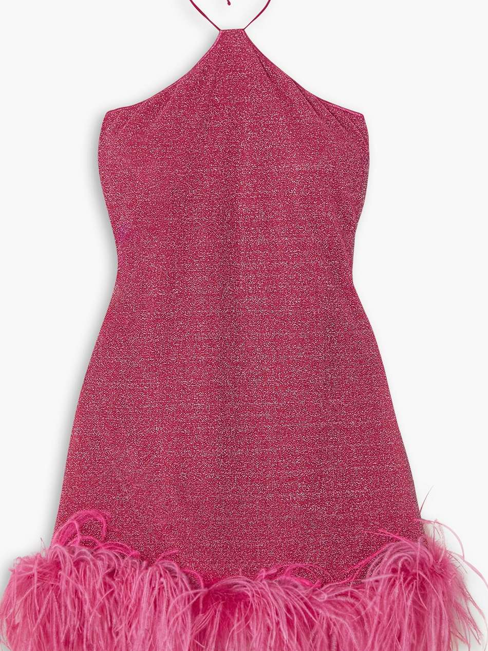 lumière feather-trimmed metallic stretch-knit halterneck mini dress