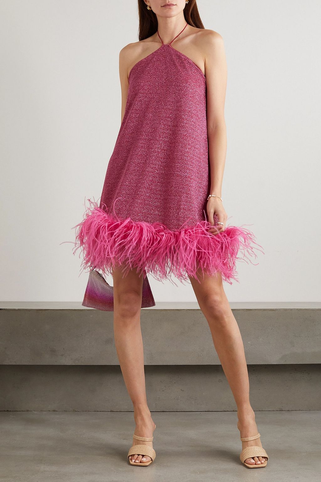 OSÉREE Lumière feather-trimmed metallic stretch-knit halterneck mini dress