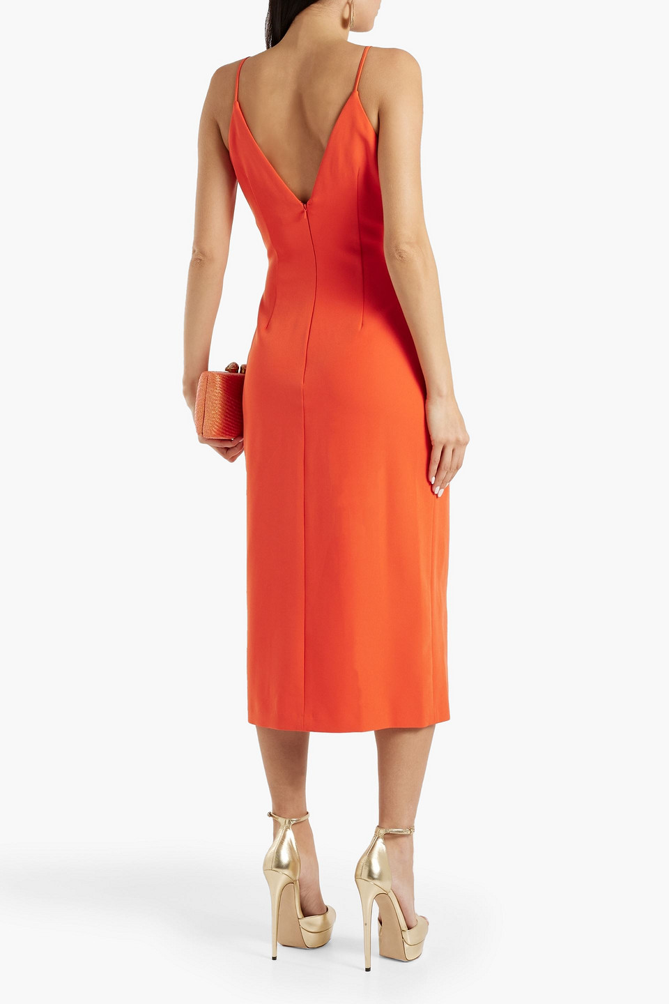 Shop Halston Wrap-effect Stretch-crepe Midi Dress In Tomato Red