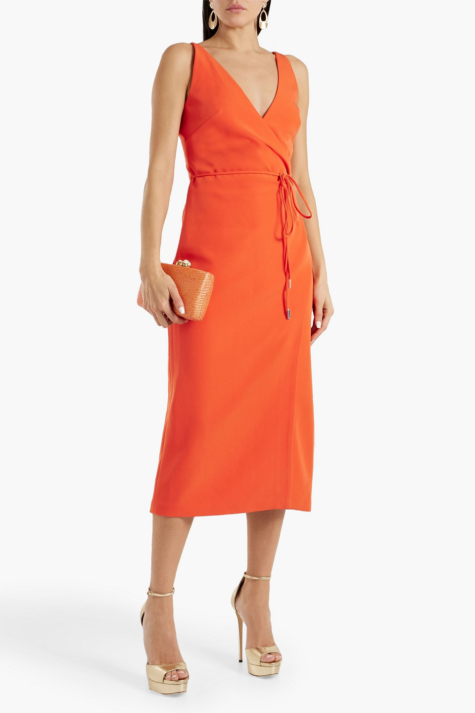 Shop Halston Wrap-effect Stretch-crepe Midi Dress In Tomato Red