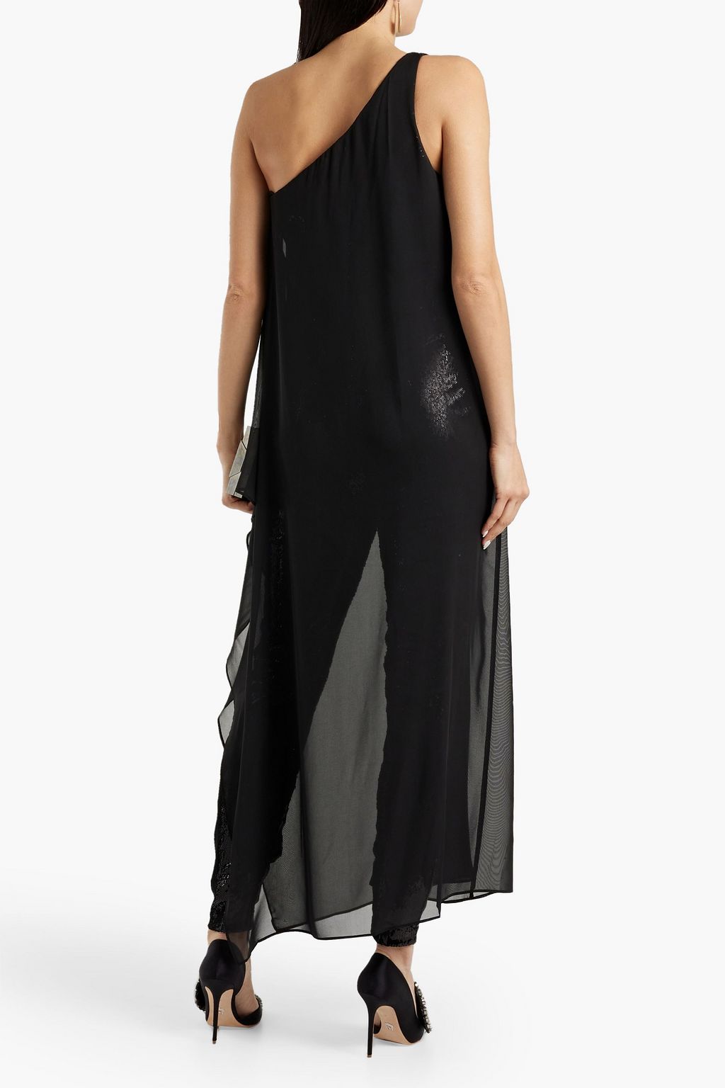 HALSTON Kel one-shoulder layered chiffon and sequined mesh jumpsuit