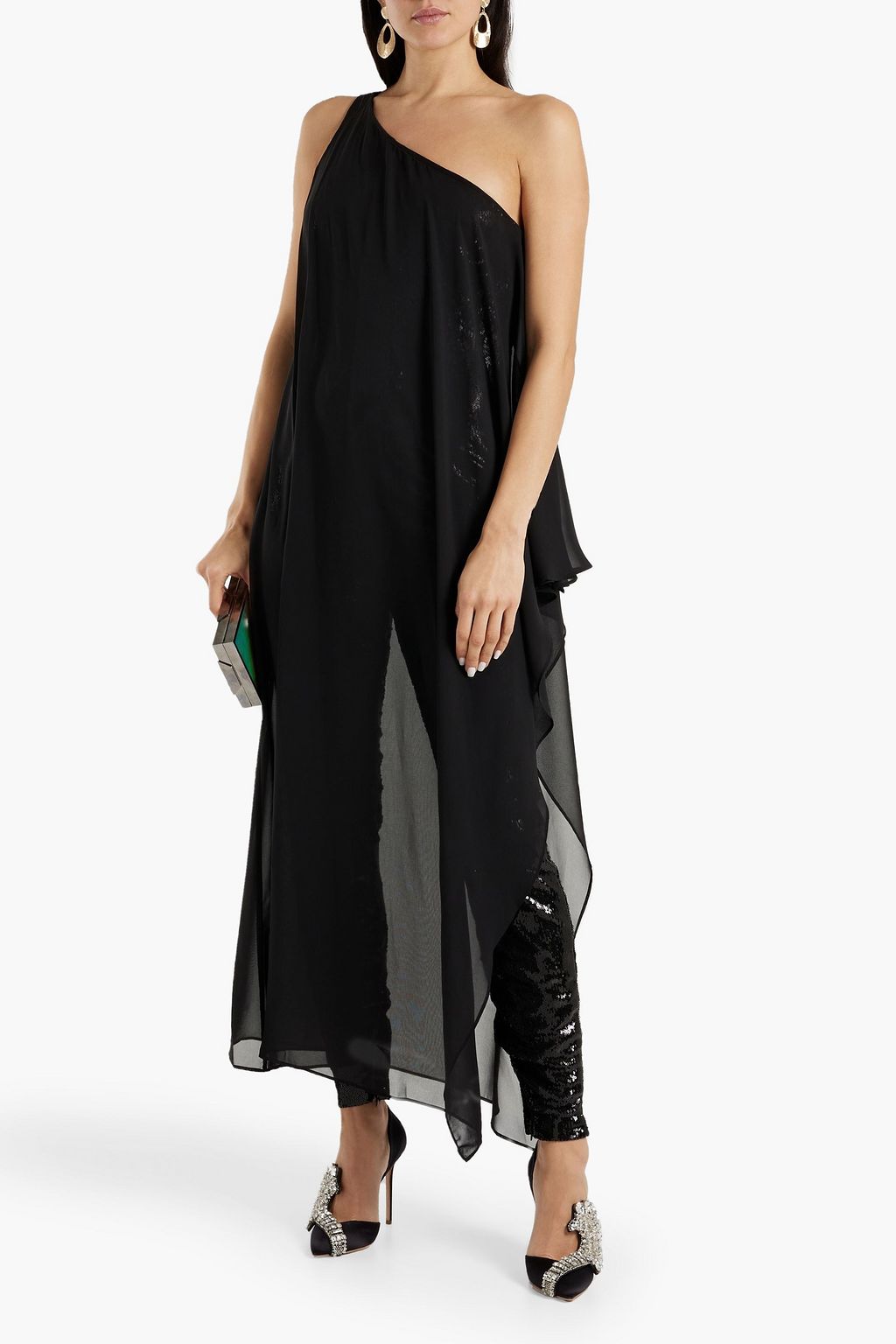 HALSTON Kel one-shoulder layered chiffon and sequined mesh jumpsuit